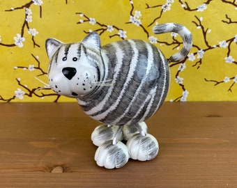 Ceramic Striped Cat Legs And Tail Wobble Silver, Collectible Cat Lover Figurine