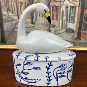 Georgina Warne Porcelain Swan Trinket Box, Anthropologie Blue White Aquatic Design image 4