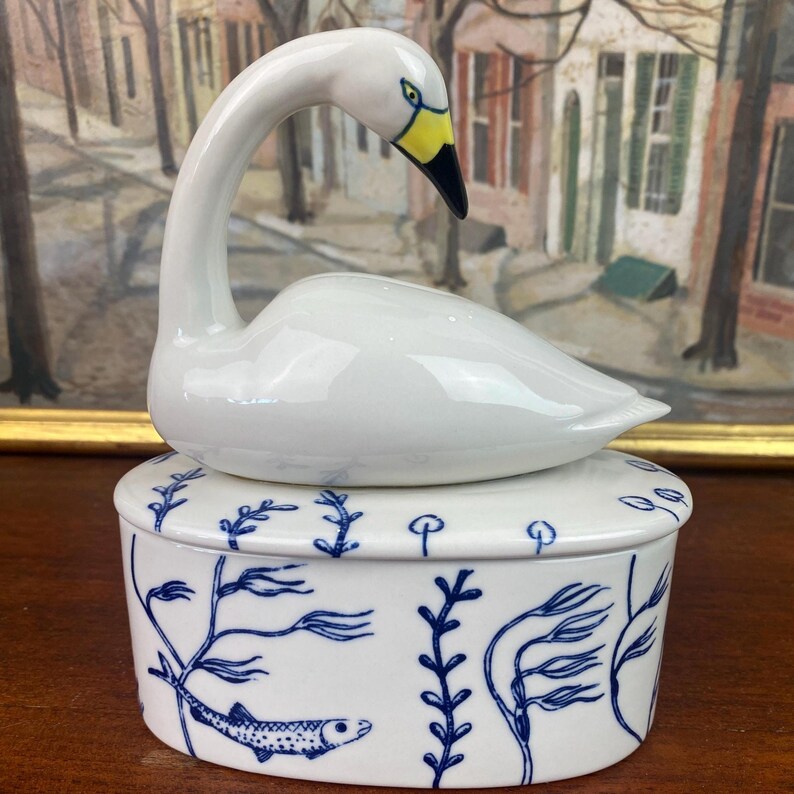 Georgina Warne Porcelain Swan Trinket Box, Anthropologie Blue White Aquatic Design image 4