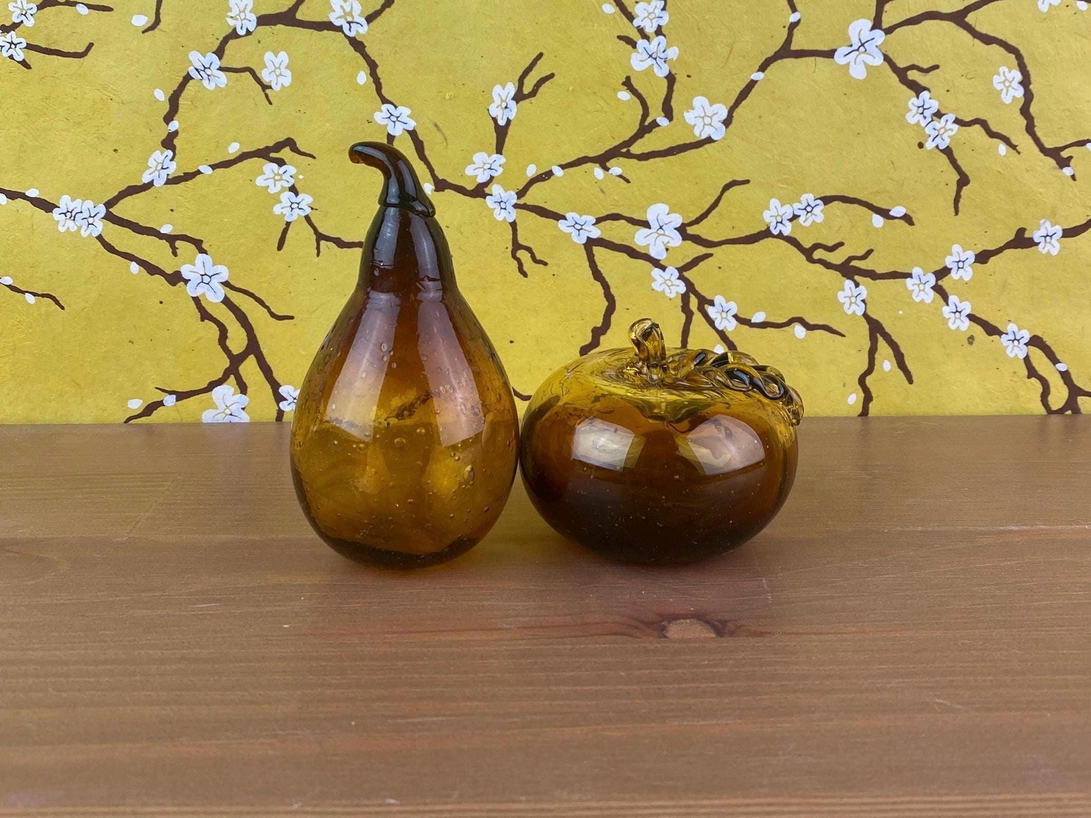 Hand Blown Amber Art Glass Apple and Pear Decor, Fruit Art