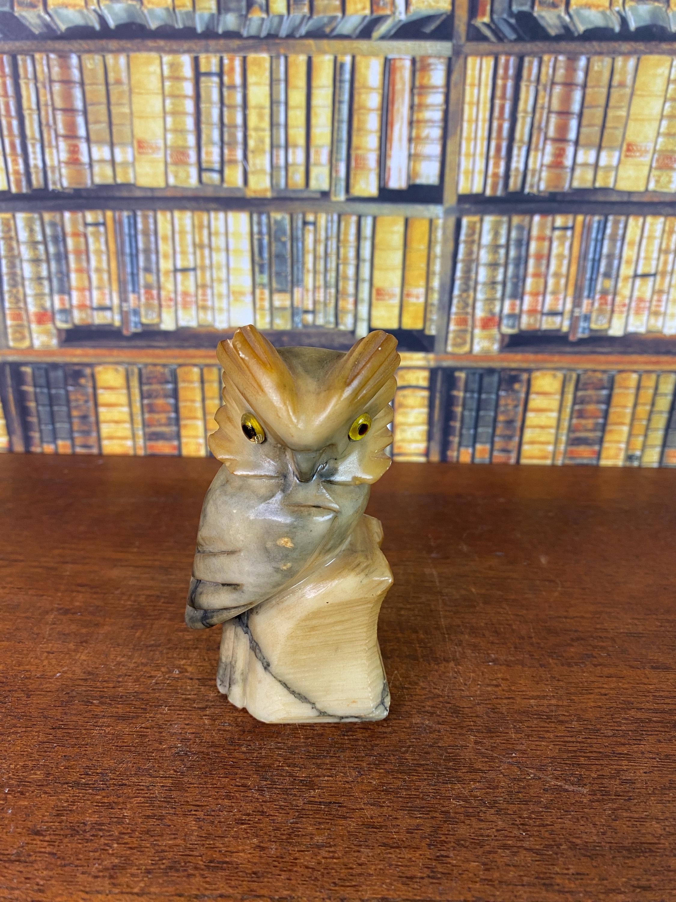 Italian Alabaster Owl Figurine: Hand-Painted Ducceschi Art Object