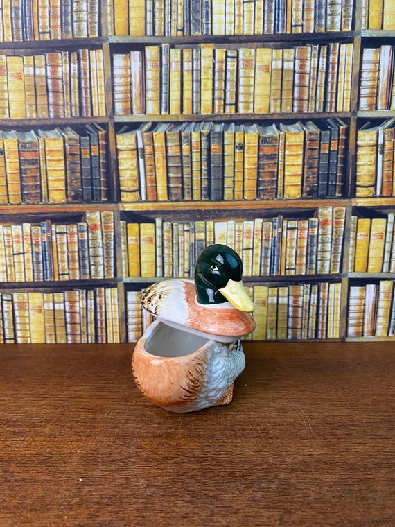 Vintage Majolica Duck Trinket Dish: Pottery Duck Figurine