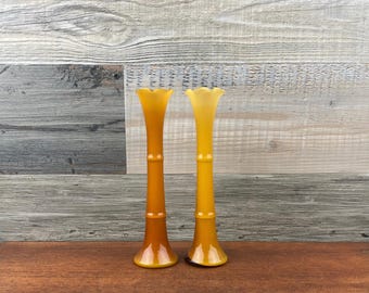 Amber Glass Bud Vases - Bamboo Style Ruffle Top - Set of 2
