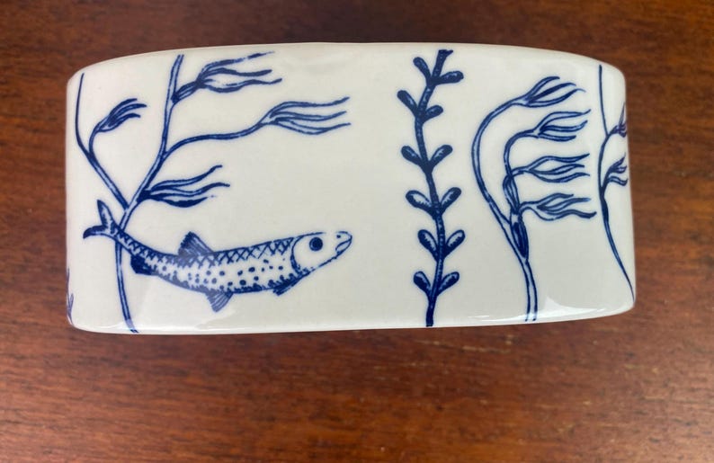 Georgina Warne Porcelain Swan Trinket Box, Anthropologie Blue White Aquatic Design image 8