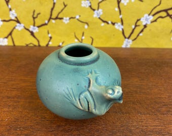 Vintage Balinese Celadon Green Pottery Indonesia Tree Frog Small Vase, Minimalist Decor, Bud Vase