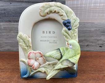 Vintage Takahashi Ceramic Parrot Photo Frame: Raised Floral Design