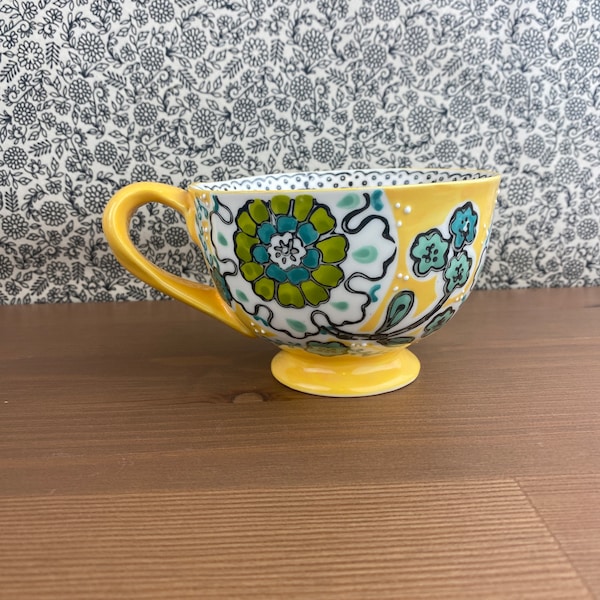 Anthropologie Footed Floral Yellow Mug