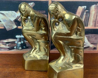 Mid Century Pair of  Brass Sitting Thinking Man Bookends, Bookend Rodin Style, Book Lover Gift