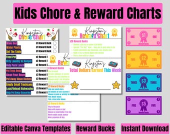 May include: A collection of colorful chore and reward charts for kids. The charts include tasks like making the bed and putting away toys, with corresponding reward bucks in denominations of $1, $2, $3, and $5. The text reads "Kids Chore & Reward Charts."