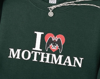 Embroidered Mothman Sweatshirt Cryptid Lover Gift Cozy Spooky Sweater Paranormal Fan Apparel Gothic Aesthetic Embroidery Mothman Sweater