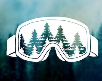 Ski Goggles with Trees Decal | Car Decal, Skiing Ski Equipment Gear Sticker, Durable Waterproof Vinyl Sticker, Laptop, snowboard stickers