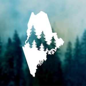 May include: White silhouette of the state of Maine with a forest of pine trees inside the outline. The background is a blurred image of a forest.