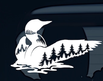 May include: White silhouette of a loon with its head turned to the side, with a forest of pine trees behind it. The loon is swimming in a lake.