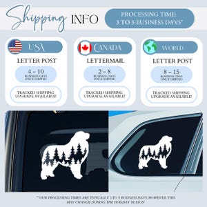 May include: A graphic of a dog silhouette with trees inside the outline. The dog is a Bernese Mountain Dog. The graphic is on a black background. The text "Shipping Info" is at the top of the image. The text "Processing Time: 3 to 5 Business Days*" is below the text "Shipping Info". The image also includes information about shipping times to the USA, Canada, and the rest of the world.
