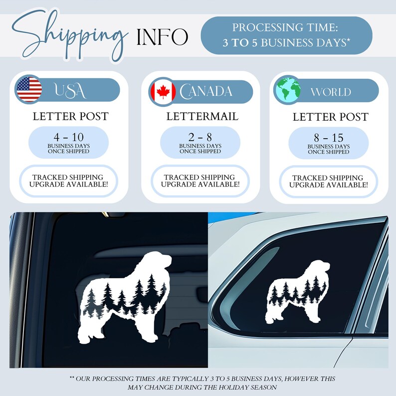 May include: A graphic of a dog silhouette with trees inside the outline. The dog is a Bernese Mountain Dog. The graphic is on a black background. The text "Shipping Info" is at the top of the image. The text "Processing Time: 3 to 5 Business Days*" is below the text "Shipping Info". The image also includes information about shipping times to the USA, Canada, and the rest of the world.