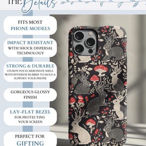 May include: A black phone case with a white and black rabbit and mushroom pattern. The case has a lay-flat bezel for screen protection.