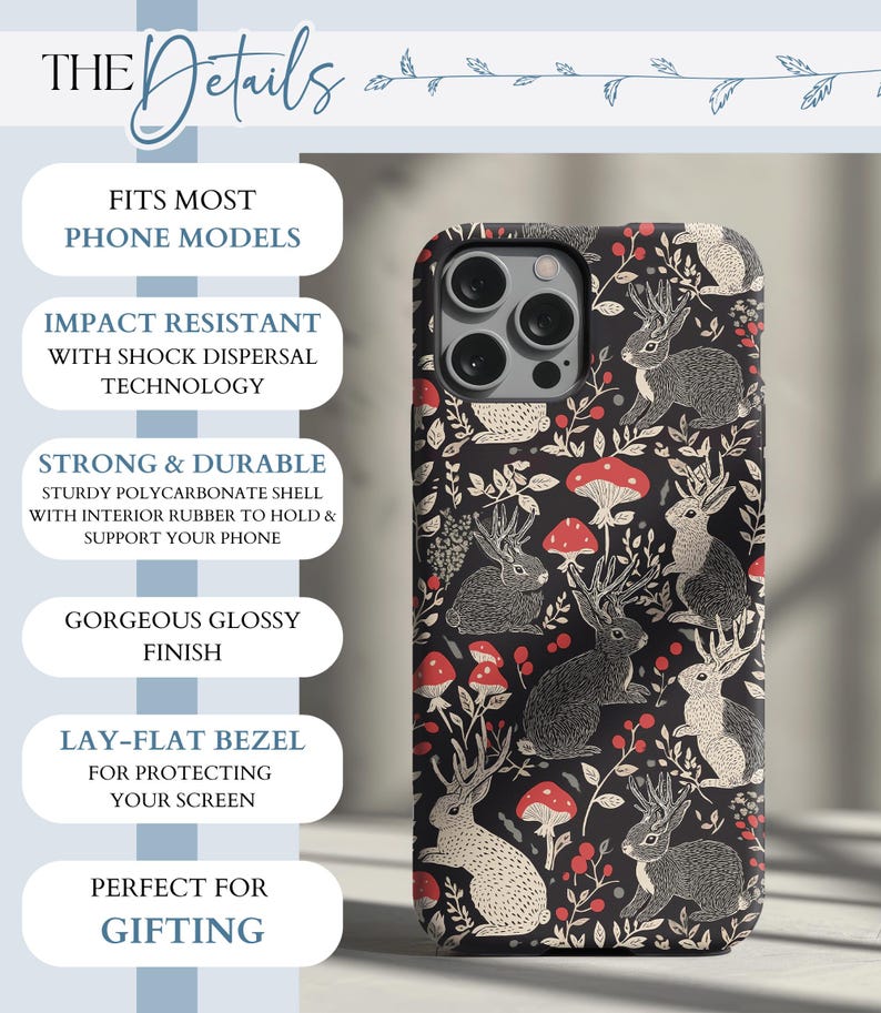 May include: A black phone case with a white and black rabbit and mushroom pattern. The case has a lay-flat bezel for screen protection.