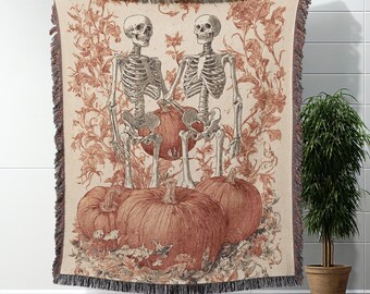 Halloween Woven Blanket With Skeleton Pumpkin Design Gothic Throw Blanket Spooky Cottagecore Home Decor Fall Blanket Halloween Lover Gift