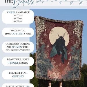 May include: A woven cotton throw blanket with a moth design. The blanket features a dark red background with a moth illustration, butterflies, and foliage. Available in 3 sizes: 37" x 52", 50" x 60", and 60" x 80". The blanket has fringe edges.