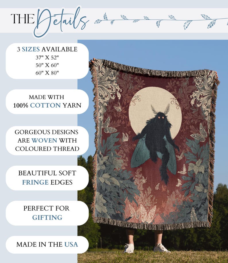 May include: A woven cotton throw blanket with a moth design. The blanket features a dark red background with a moth illustration, butterflies, and foliage. Available in 3 sizes: 37" x 52", 50" x 60", and 60" x 80". The blanket has fringe edges.