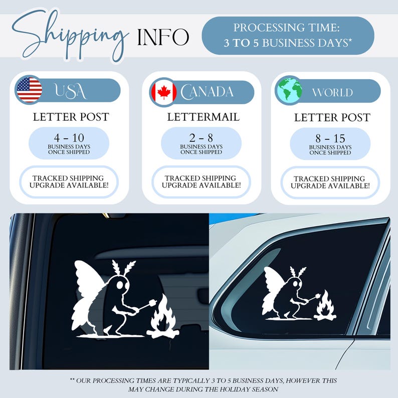 May include: A white vinyl decal featuring a moth-like creature with wings sitting by a campfire and roasting a marshmallow on a stick. The design is shown applied to the rear window of a vehicle, displaying a clear silhouette against the dark glass.