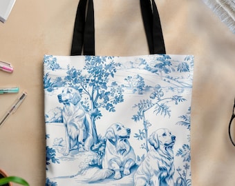 Golden Retriever Dog Tote Bag Reusable Book Bag French Toile Chinoiserie Style Gift For Golden Dog Mom Dad Owner Pet Lover Everyday