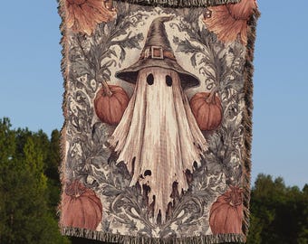 Halloween Blanket Spooky Ghost Pumpkin Woven Blanket Cozy Autumn Throw Blanket Witchy Halloween Decor Gothic Style Blanket For Fall Home