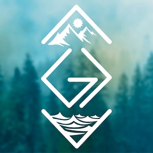 May include: White geometric design with a mountain peak, sun, and waves. The design is set against a blurred background of a forest.