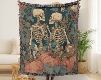 Halloween Skeleton Pumpkin Blanket Woven Throw Blanket Gothic Cottagecore Blanket Spooky Fall Decor Blanket Witchy Cozy Blanket Goth Gift