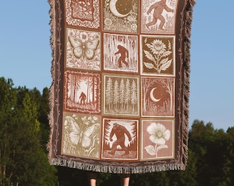 Bigfoot Woven Blanket Jacquard Throw Blanket Cottagecore Sasquatch Cotton Blanket Cottagecore Decor Woven Throw Blanket Yeti Tapestry