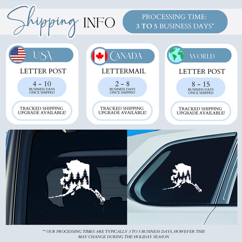 May include: A white vinyl decal in the shape of the state of Alaska featuring a silhouette of pine trees inside the border. The decal is shown applied to the rear window of a vehicle, displaying the design against the dark glass surface.