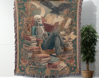 Skeleton Book Lover Blanket Woven Reading Throw Blanket Cozy Gothic Blanket Spooky Home Decor Gift For Readers Bookworm Blanket Bookish