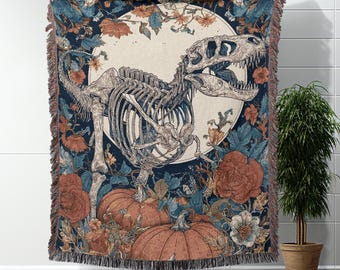 Skeleton TRex Dinosaur Woven Blanket Halloween Throw Blanket With Pumpkin Spooky Dino Blanket Gothic Blanket Scary Halloween Dino Lover Gift