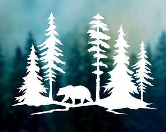 May include: White silhouette of a bear walking through a forest of tall pine trees. The trees and bear are set against a blurred, dark green and blue background, creating a nature-themed design.