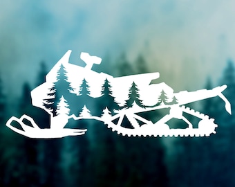 Snowmobile with Trees Decal | Car Decal, Ski Doo Skidoo Sticker, Durable Waterproof Vinyl Sticker for Car, Laptop, Water Bottle