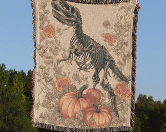 Halloween Skeleton T Rex Blanket Woven Dinosaur Throw Blanket With Pumpkins Scary Dino Blanket Spooky Skeleton Blanket Gothic Halloween Gift
