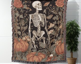 Spooky Gothic Woven Blanket Skeleton Pumpkin Design Halloween Throw Blanket Dark Cottagecore Blanket Cozy Fall Blanket Gothic Home Decor