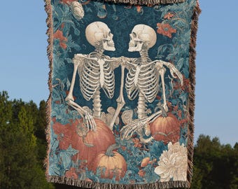 Gothic Halloween Woven Blanket Skeleton And Pumpkin Design Spooky Throw Blanket Dark Cottagecore Blanket Haunted House Blanket Goth Lover