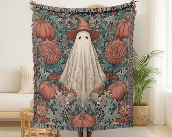 Halloween Blanket Pumpkin And Ghost Woven Throw Blanket Spooky Halloween Home Decor Cozy Autumn Blanket Gothic Witchy Living Room Accent