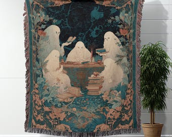 Halloween Woven Blanket Ghosts And Books Cozy Throw Blanket Spooky Reading Gift For Book Lover Avid Reader Gothic Home Decor Fall Accent