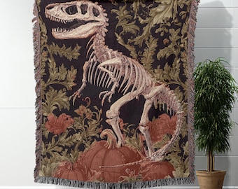 Woven Blanket Halloween Skeleton Dinosaur Throw Blanket With Pumpkins Spooky TRex Blanket Scary Skeleton Dino Blanket Gothic Halloween Decor