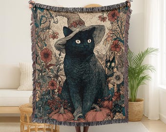 Black Cat Pumpkin Throw Blanket Halloween Woven Blanket Spooky Decor Gift For Halloween Lover Cozy Cat Blanket Gothic Home Fall Decor Gift