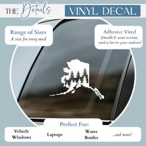 May include: A white adhesive vinyl decal featuring the silhouette of the state of Alaska filled with a black forest pattern of pine trees. The decal is displayed on a vehicle window, with text overlays including THE DETAILS, VINYL DECAL, and PERFECT FOR.