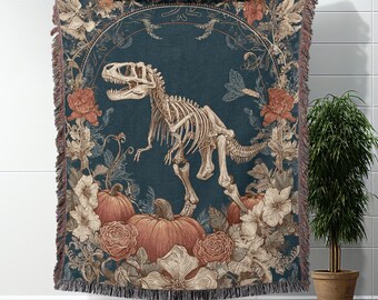 Skeleton Dinosaur Halloween Throw Blanket Woven T Rex Skeleton Blanket With Pumpkins Spooky Dino Blanket Gothic Halloween Decor Dino Gift