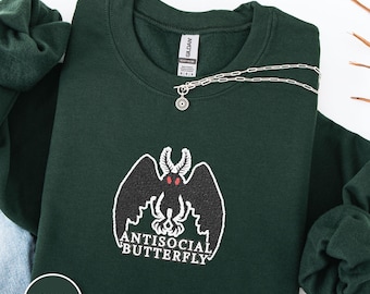 Mothman Cryptid Embroidered Sweatshirt Cozy Gothic Sweater Paranormal Gift For Spooky Fan Embroidery Clothing Mothman Aesthetic