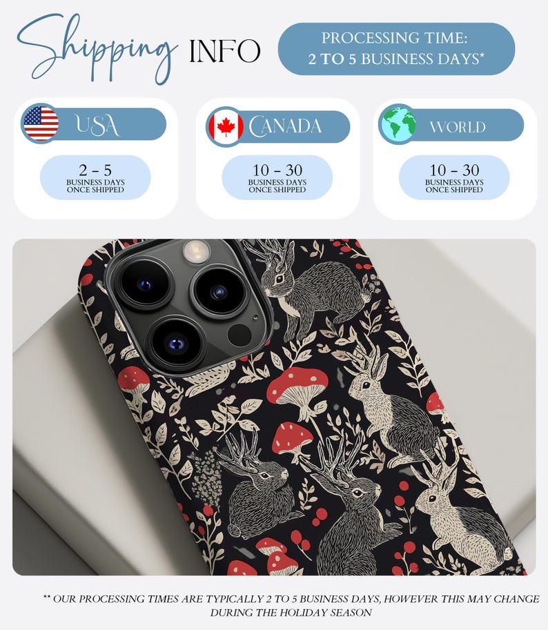 May include: A black phone case with a pattern of white rabbits, red mushrooms, and green leaves. The phone case is designed for an iPhone with a camera lens cutout.