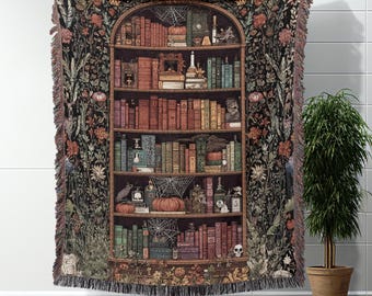 Bookish Witch Throw Blanket Woven Bookshelf Blanket Cozy Reading Nook Decor Gift For Book Lover Witchy Home Gift For Bookworm Reader