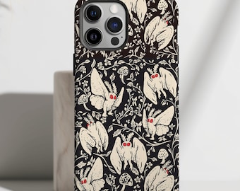 May include: Black phone case with a white and red pattern of moths and mushrooms. The case has a camera cutout and a black border.