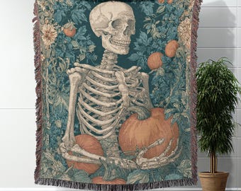 Skeleton Pumpkin Gothic Halloween Blanket Woven Throw Blanket Spooky Dark Cottagecore Blanket Witchy Decor Blanket Cozy Blanket Goth Gift