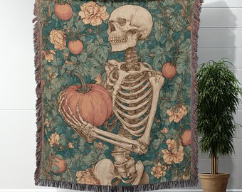 Skeleton Pumpkin Gothic Woven Blanket Dark Cottagecore Throw Blanket Halloween Blanket Spooky Aesthetic Blanket Cozy Fall Blanket Goth Gift